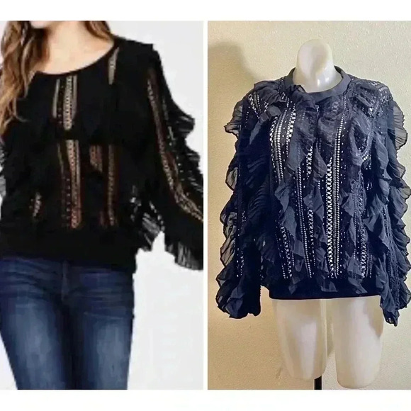James Ascher Black Frill Sweater Fashion Crochet Open Knit Size Approx S/M - Picture 1 of 7
